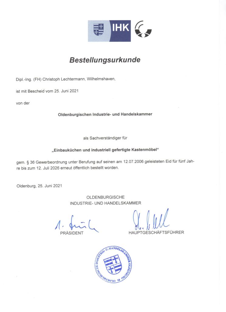 Urkunde von der Oldenburgische IHK